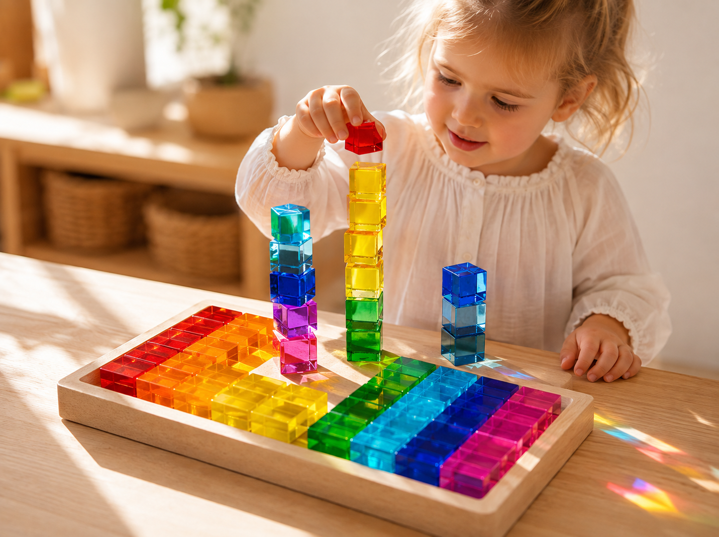 Regenbogen-Würfel aus Acryl mit Holzschale