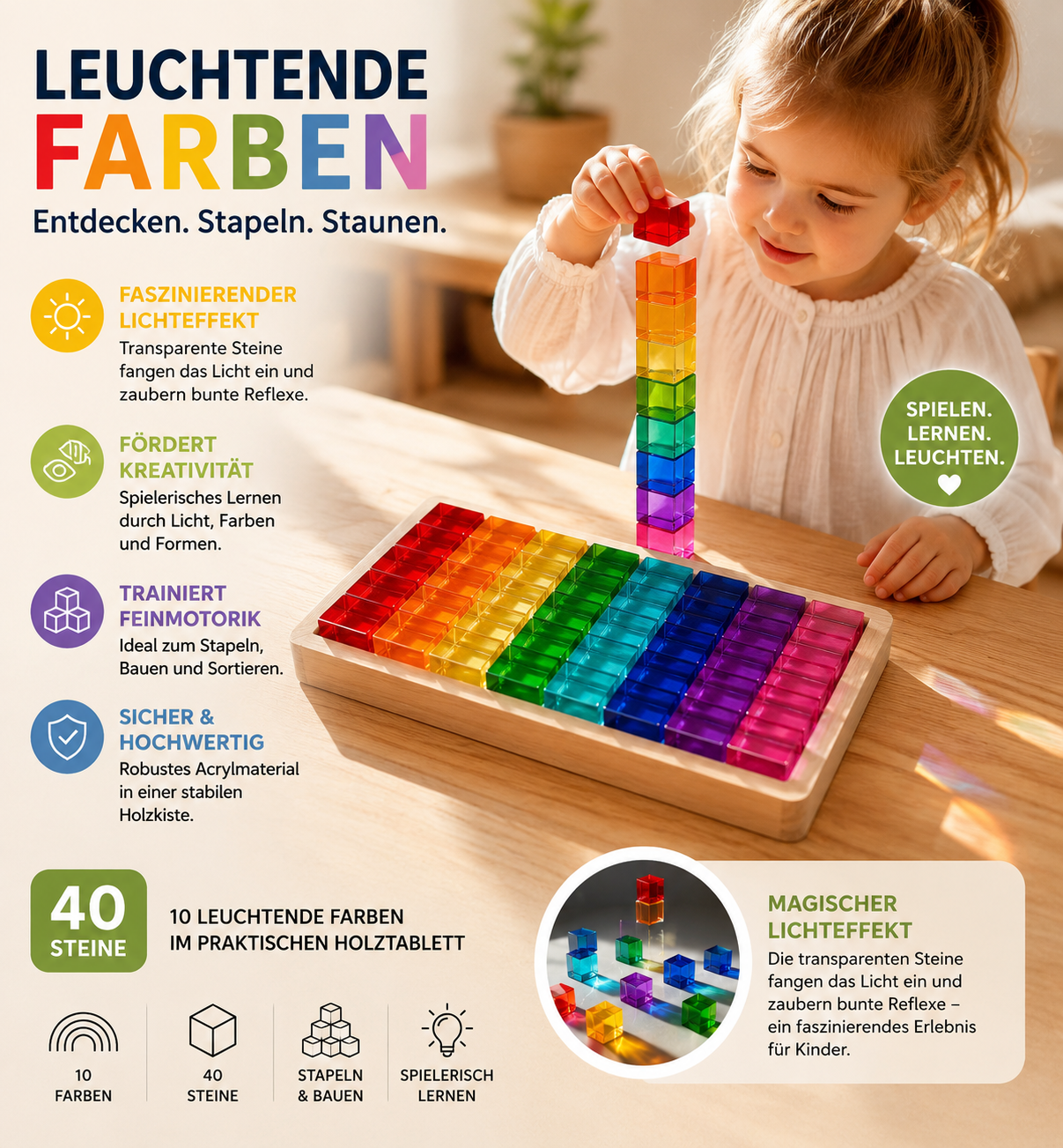 Regenbogen-Würfel aus Acryl mit Holzschale