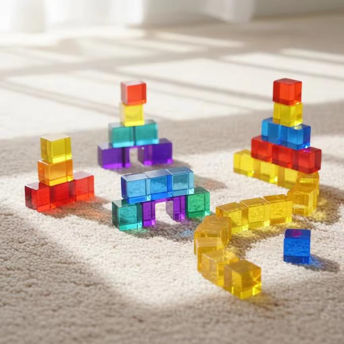 Regenbogen-Würfel aus Acryl mit Holzschale