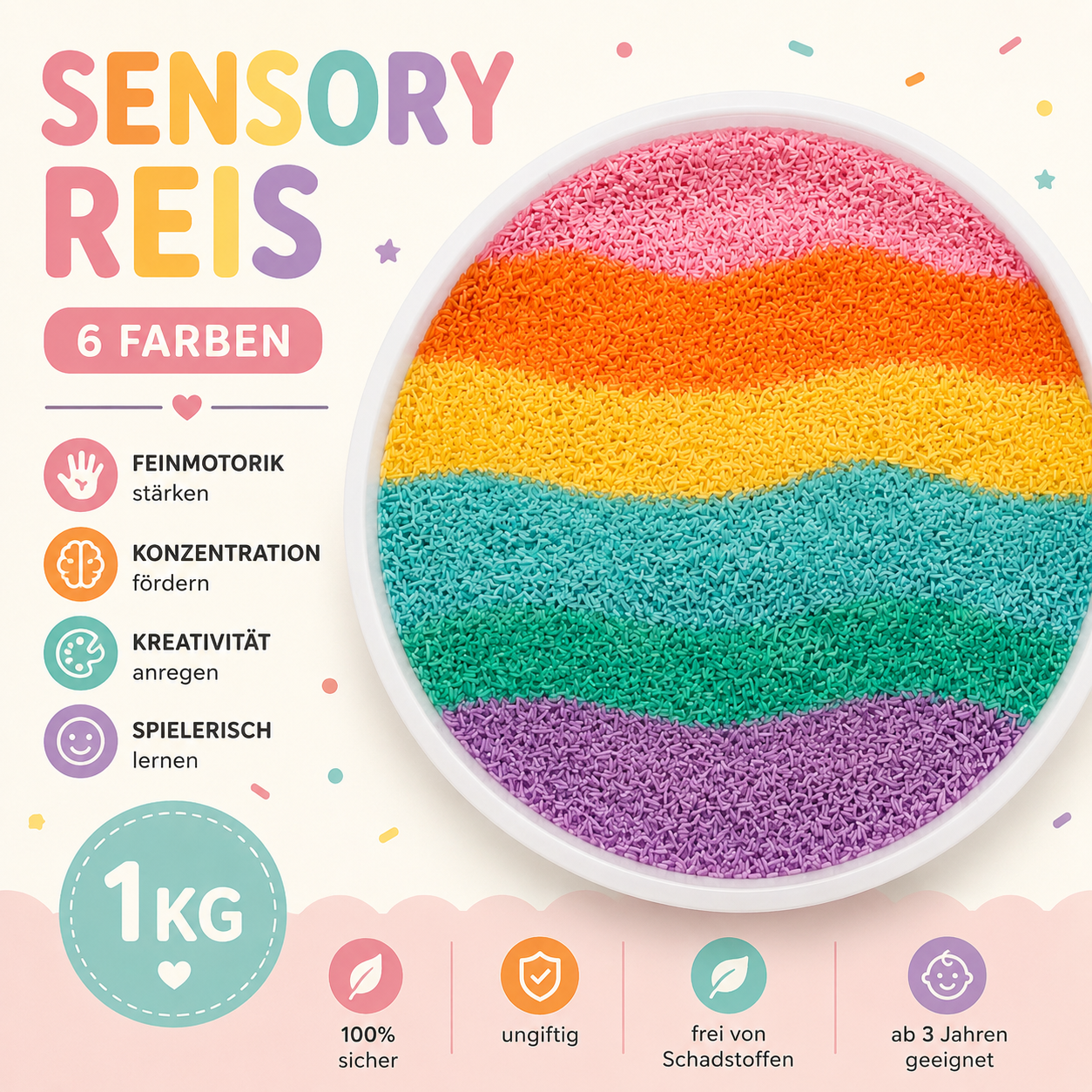 1kg Füllung- 6 Farben Reis Pastell - A-Kids